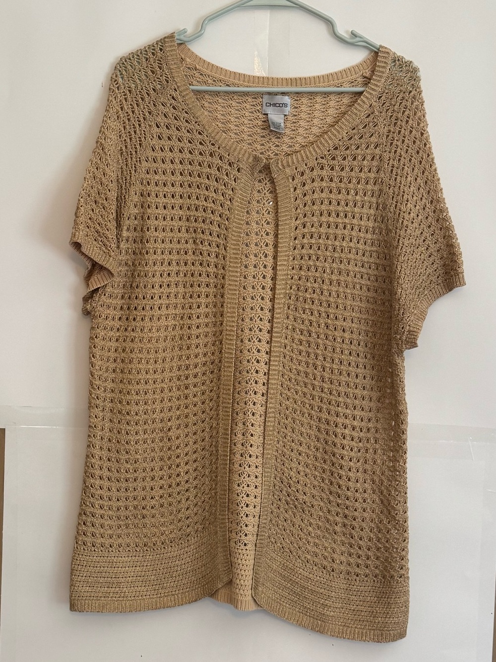 Chico's Open-Knit Short Sleeve Cardigan in Tan